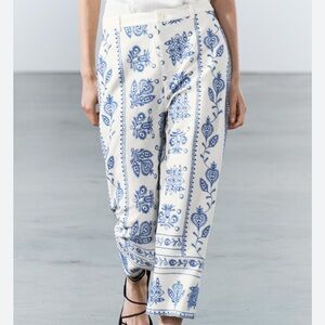 Zara Blue and White Ankle Cropped Pants with embroidery